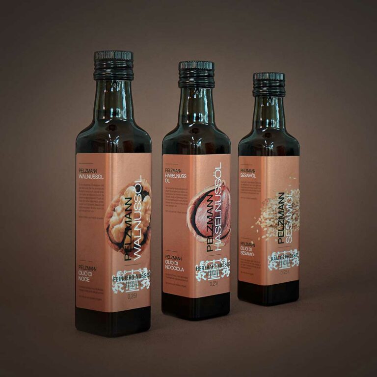 Labeldesign Pelzmann Öle – Produktetiketten Nussöle, Schöpferei